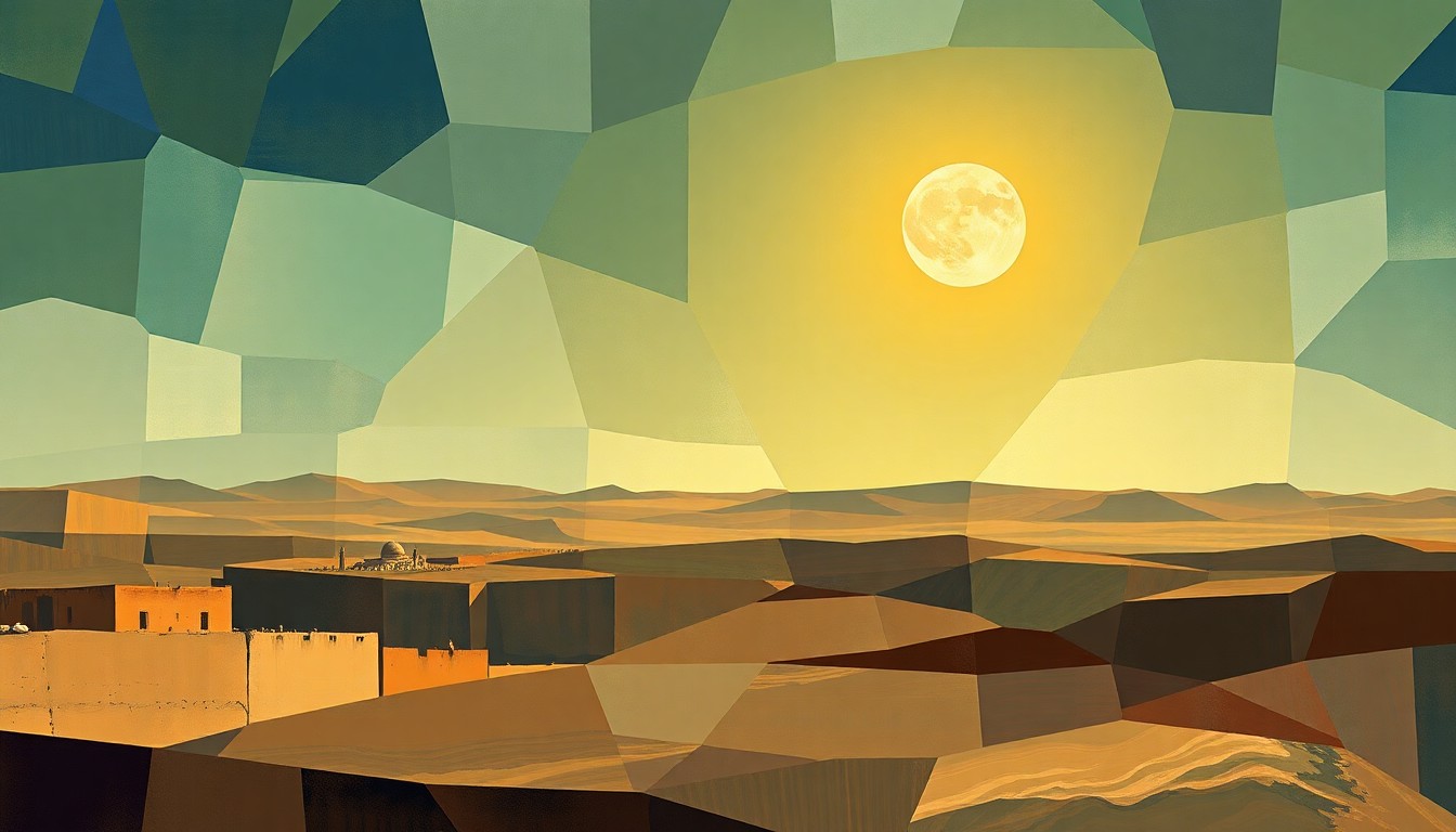 A vibrant, fractured painting of a Middle Eastern landscape with a crescent moon and sun in the sky, conceptually representing the political tensions between the US, Israel, and Iran.