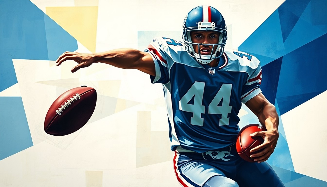 A fragmented, geometric painting depicting a football player in motion, with sharp, overlapping planes of color and form representing the dynamic nature of the sport.