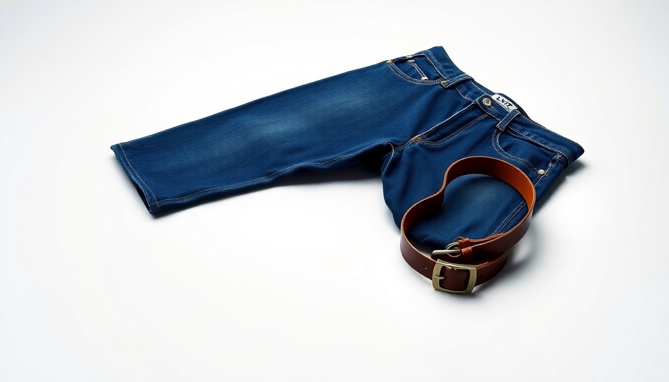 A high-end, photorealistic studio still-life photograph featuring a pair of premium, polished denim jeans and a leather belt arranged elegantly on a clean, monochromatic seamless background, conceptually representing the timeless craftsmanship and enduring appeal of the Levi's brand.