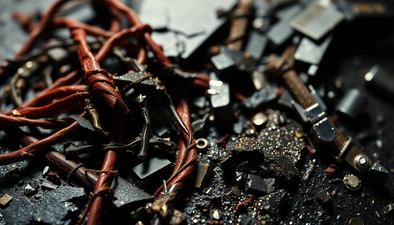 An extreme close-up photograph of shredded guitar strings, cracked leather, and crushed metal, captured in a dramatic, high-contrast studio lighting setup that creates a glitzy, high-fashion aesthetic.