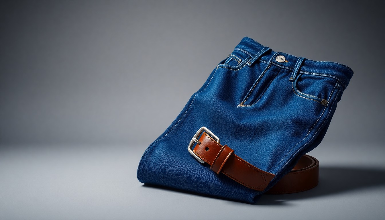 A high-end, photorealistic studio still-life featuring premium denim jeans, a leather belt, and a metal zipper pull, conceptually representing the craftsmanship and global reach of Kontoor's apparel brands.