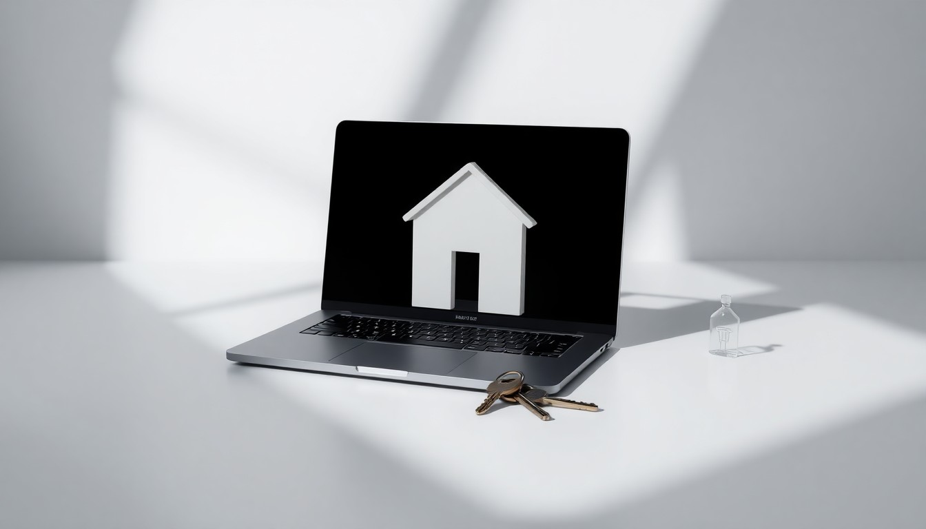 A high-end, photorealistic studio still-life featuring a sleek laptop, a stylized house-shaped paperweight, and a set of house keys arranged elegantly on a clean, monochromatic background, conceptually representing the abstract concepts of property management and real estate technology.