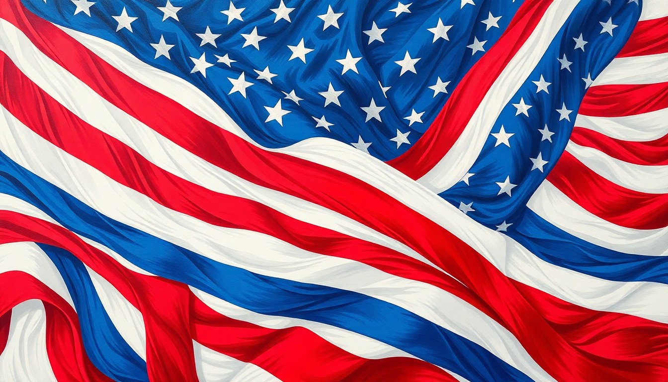 An abstract, fragmented painting featuring the colors of the American flag repeated in overlapping, geometric shapes, conveying a sense of political division and uncertainty.