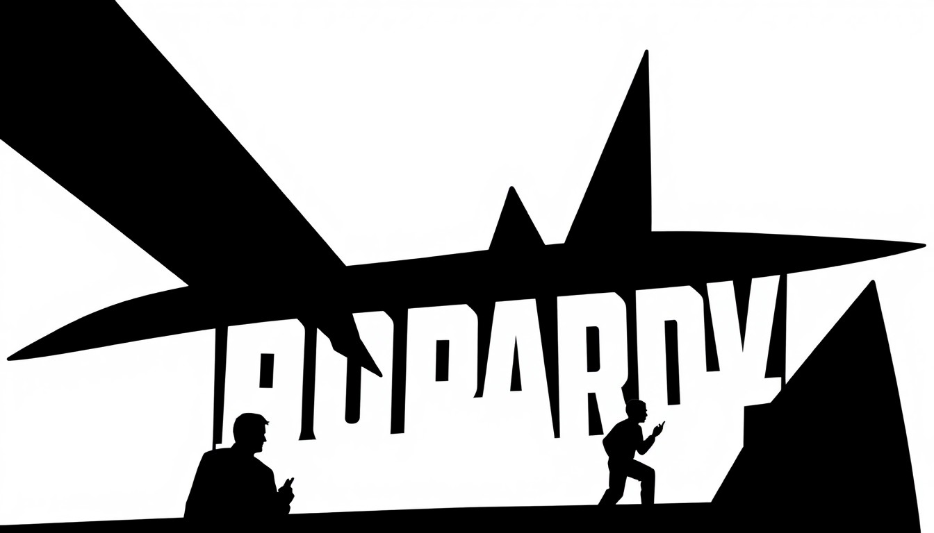 An abstract, minimalist illustration featuring sharp, angular black shapes and silhouettes, conceptually representing the intellectual challenge and excitement of the 'Jeopardy!' game show.