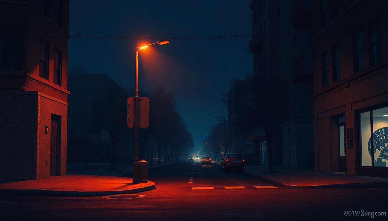 A cinematic painting of an empty city street corner at night, with a lone streetlight casting warm, diagonal shadows, conveying a quiet, melancholy mood about civic disengagement.