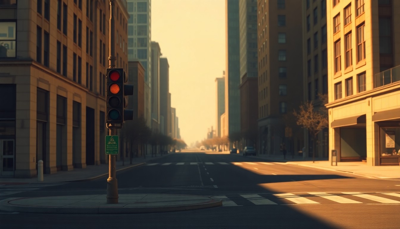A quiet, cinematic painting of a lone traffic light pole on an empty city street, the pole bathed in warm, diagonal sunlight and deep shadows, capturing a sense of urban solitude and nostalgia.