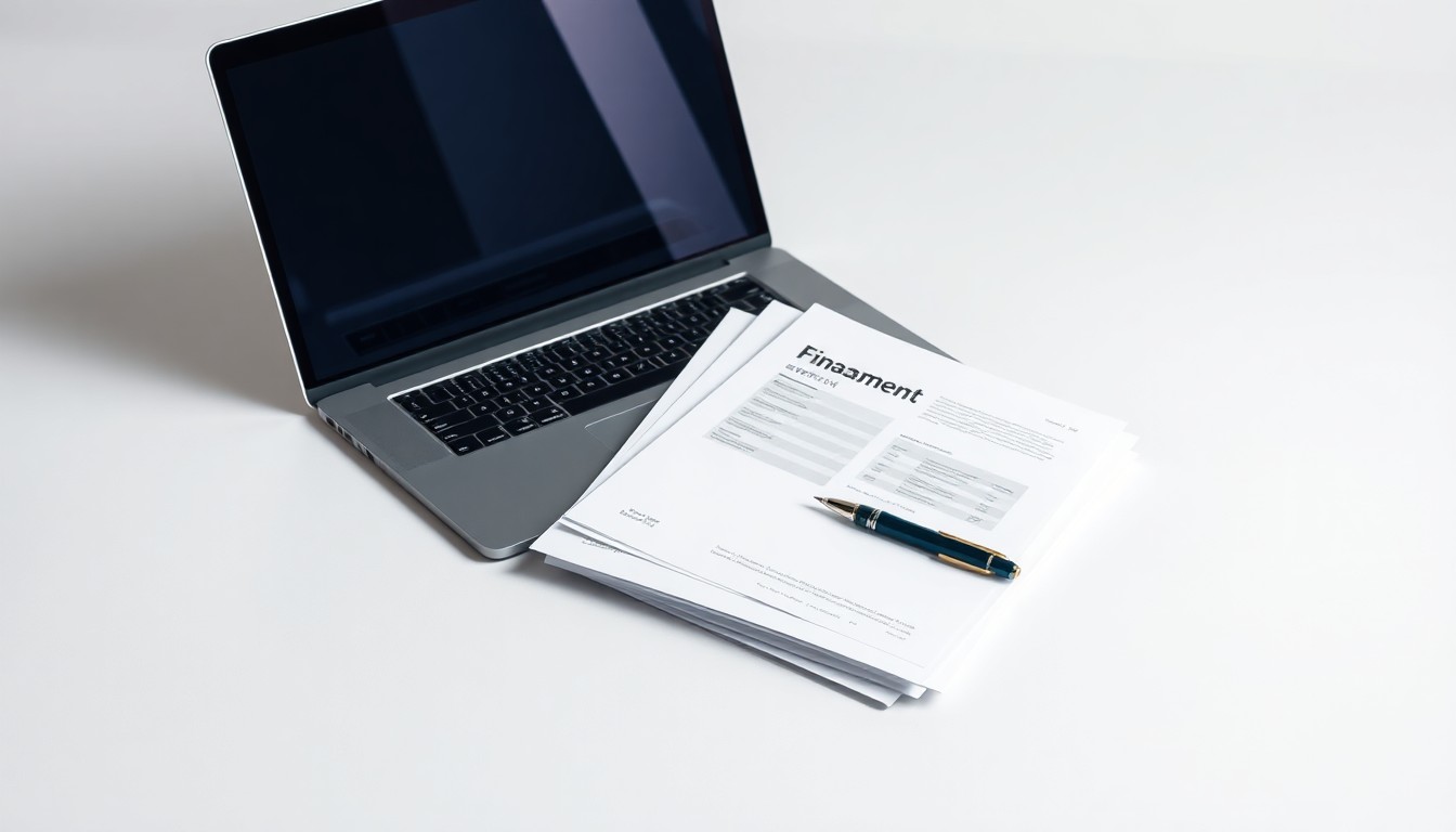 A high-end, photorealistic studio still-life photograph featuring a stack of financial reports, a laptop, and a pen arranged elegantly on a clean, white background, conceptually representing the abstract ideas of nonprofit transparency and data-driven philanthropy.