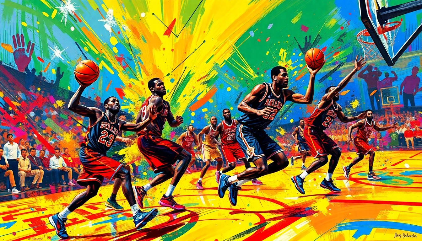 An abstract, energetic painting featuring bold, neon-colored brushstrokes that capture the frenetic movement and intensity of a professional basketball game.