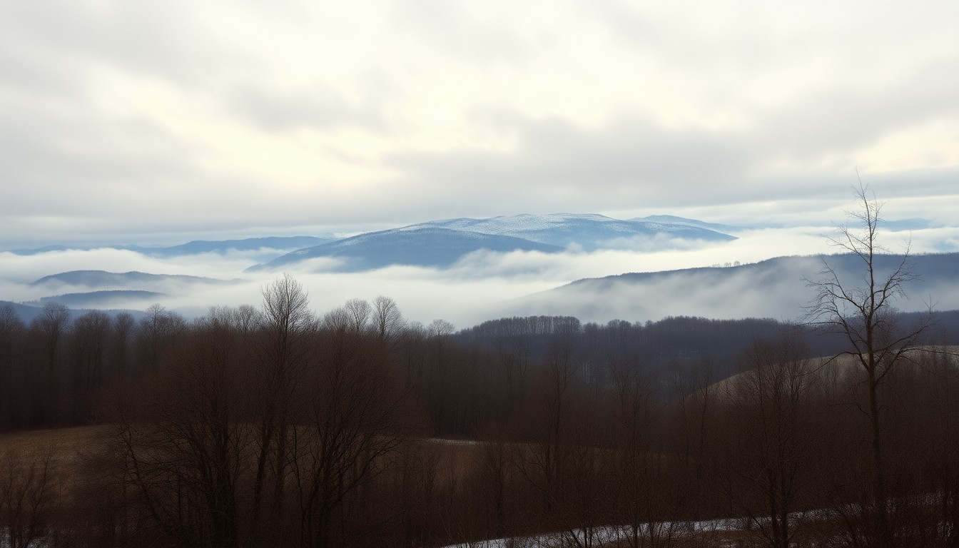 A sweeping, atmospheric landscape painting in muted tones of gray, blue, and white, depicting a frozen, misty expanse of bare trees and rolling hills under a dramatic, overcast sky, conveying the overwhelming scale and fragility of the natural world.