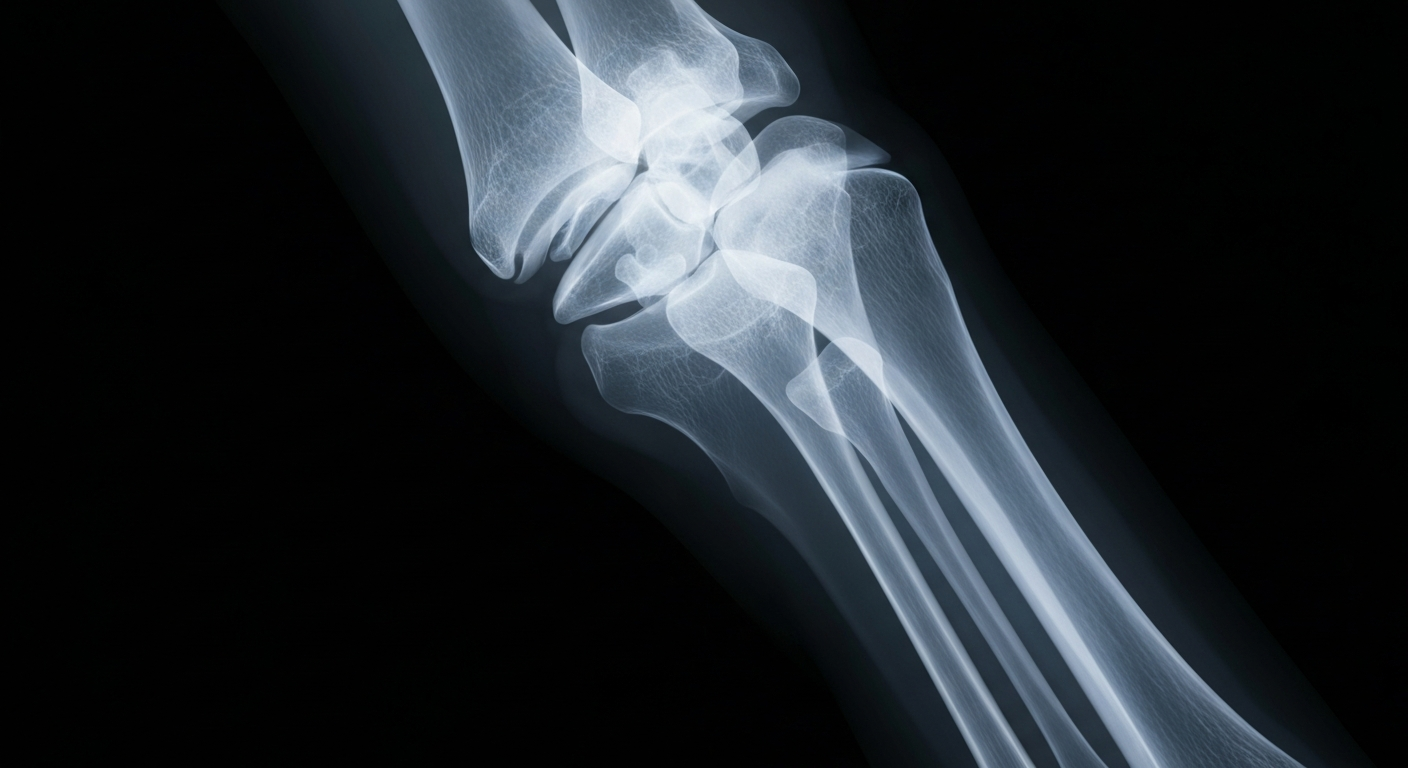 An extreme close-up X-ray photograph revealing the delicate bone structure of a human leg, conceptually representing the medical journey of an injured athlete.