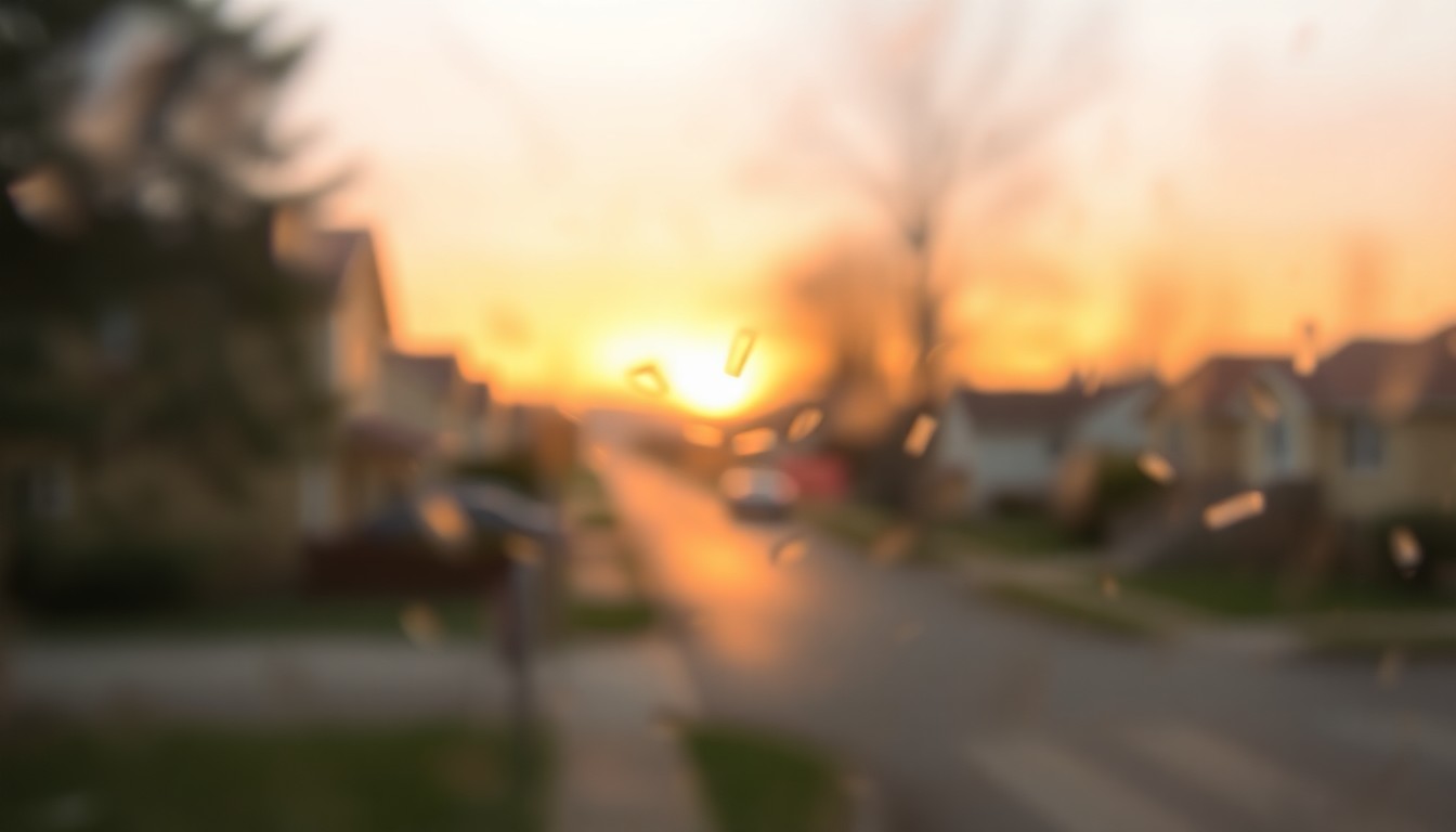 An abstract, impressionistic scene of blurred residential homes and streets in warm, soft pools of light and color, conveying the atmospheric mood of a community water crisis.