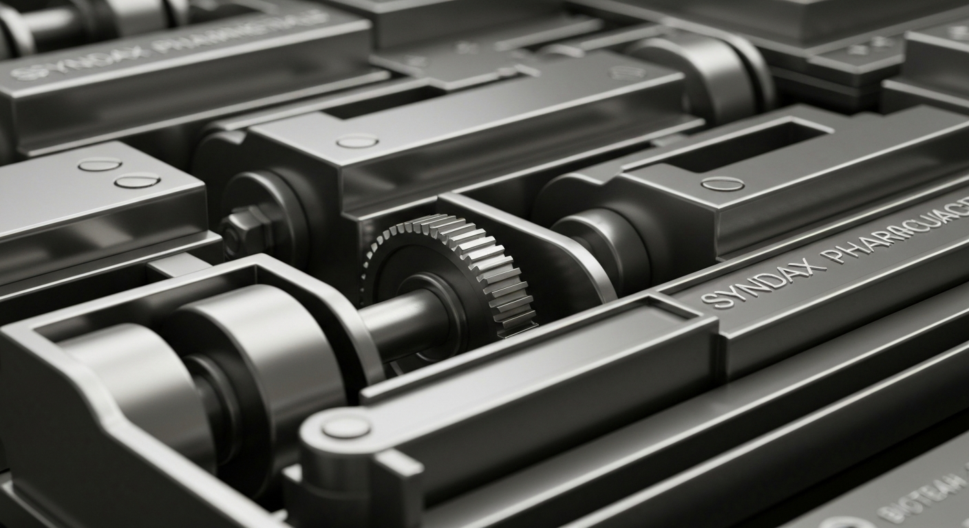 An extreme close-up of intricate, metallic biotech machinery and components, conveying the complex, high-tech nature of Syndax Pharmaceuticals' cancer research and drug development.