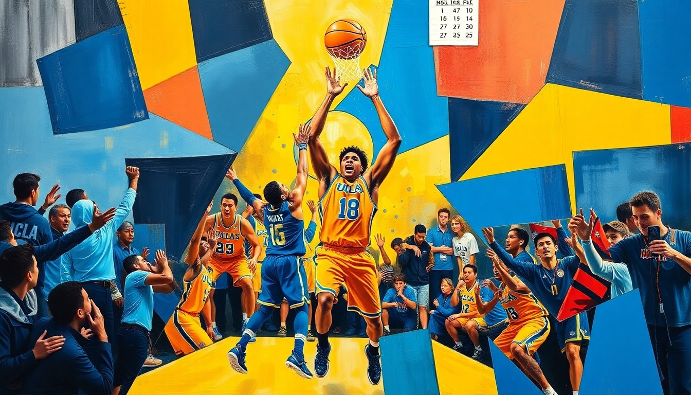 A cubist, geometric painting in shades of blue and gold, breaking down a celebratory basketball scene into fragmented, overlapping shapes and planes, conveying the emotional energy of the Bruins' championship win.