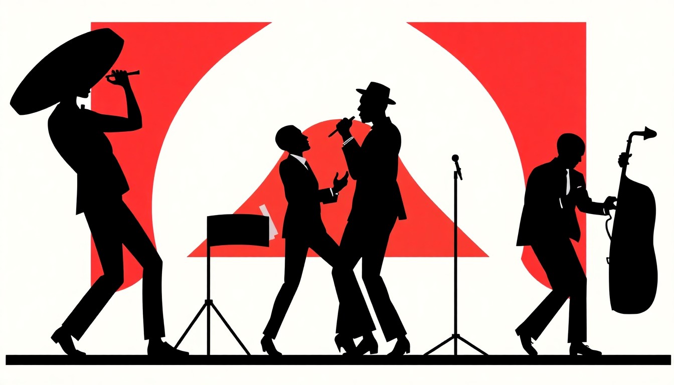 An abstract, minimalist illustration featuring stark black silhouettes of jazz musicians and instruments against a high-contrast red and white background, capturing the energy and spirit of a traditional New Orleans jazz performance.
