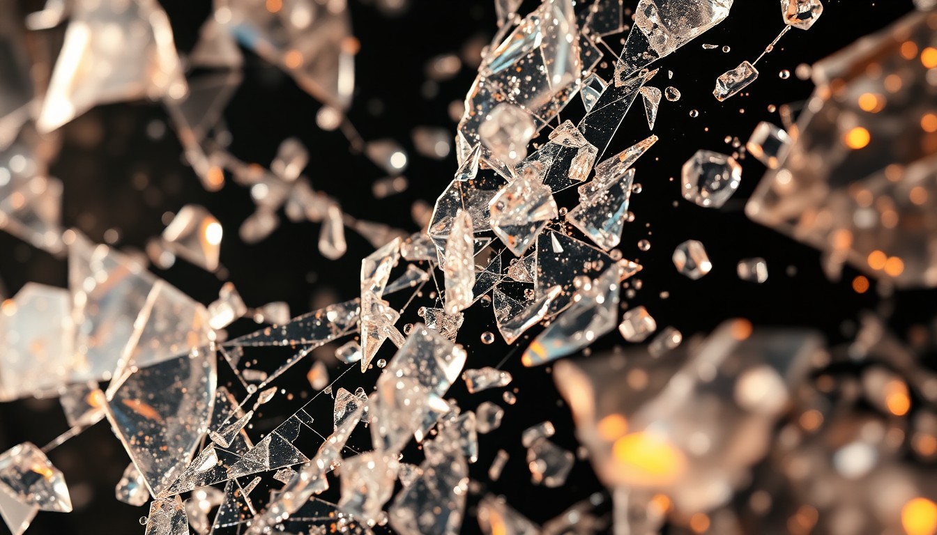 An extreme close-up photograph of shattered glass and glittering shards in high-contrast studio lighting, conceptually representing the gritty glamour and determination behind 50 Cent's rise to fame.
