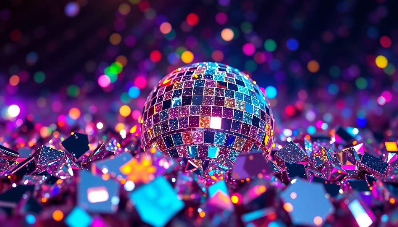An abstract close-up image of shattered glass reflecting colorful lights, evoking the high-energy, glamorous atmosphere of a music festival or concert.