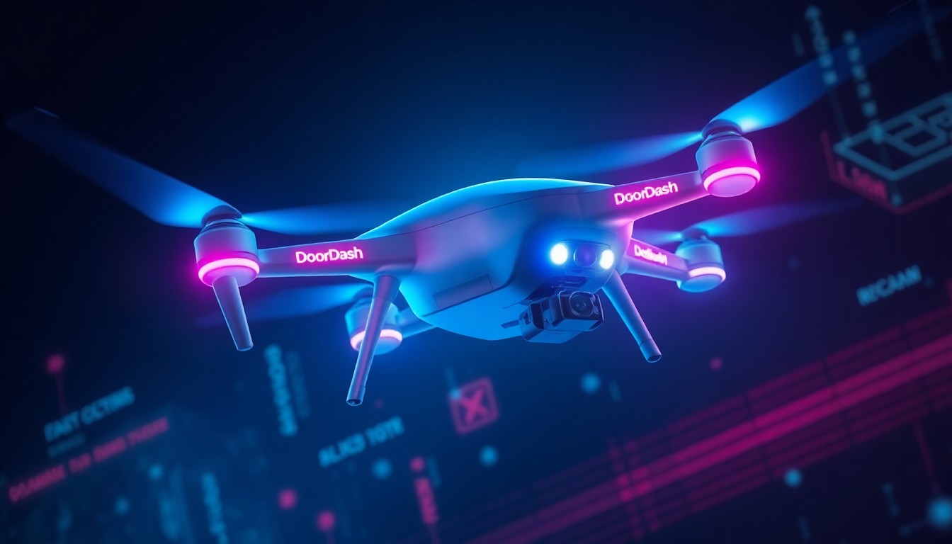 A highly detailed, glowing 3D illustration of a DoorDash delivery drone in flight, with its sleek fuselage and propellers illuminated by neon cyan and magenta lights, against a dark, moody background filled with abstract digital elements.