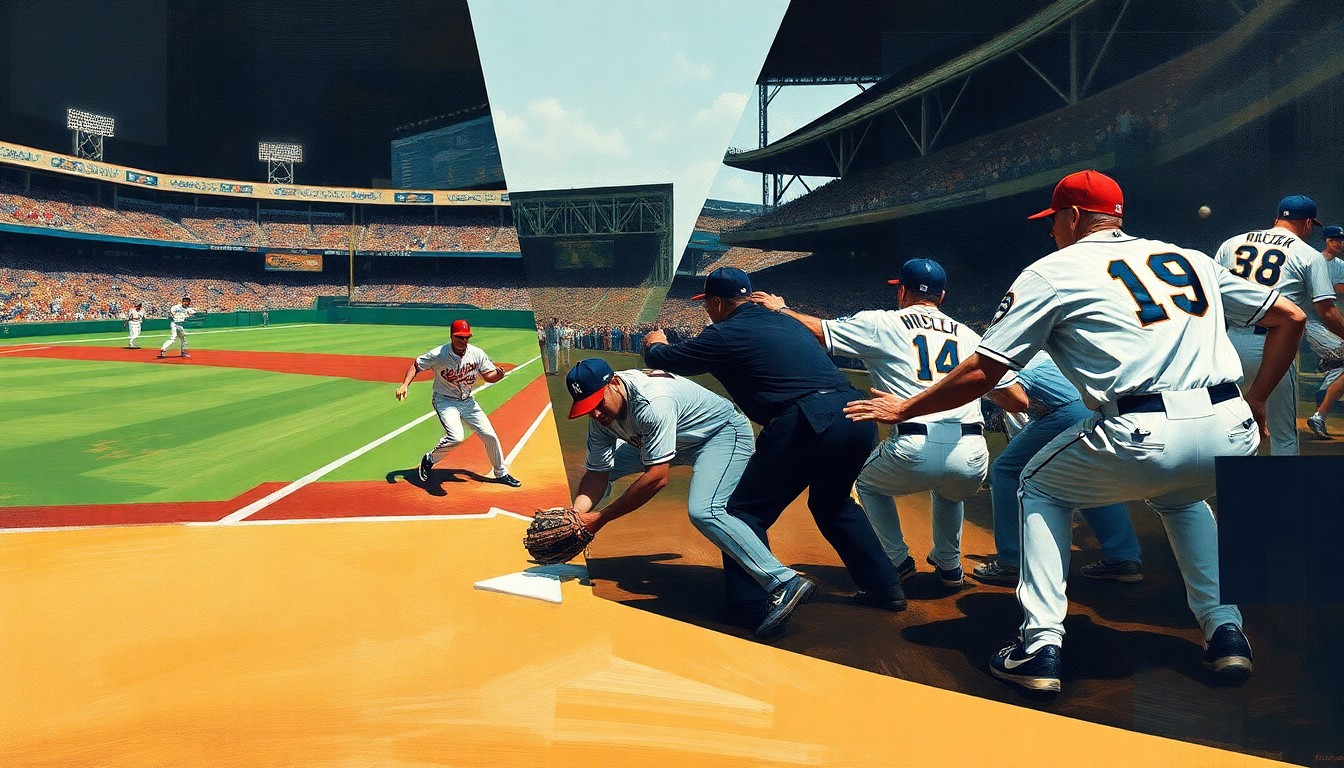 A fragmented, geometric painting depicting the chaotic action of a baseball game, with players in motion and base paths criss-crossing in an abstract, deconstructed style.