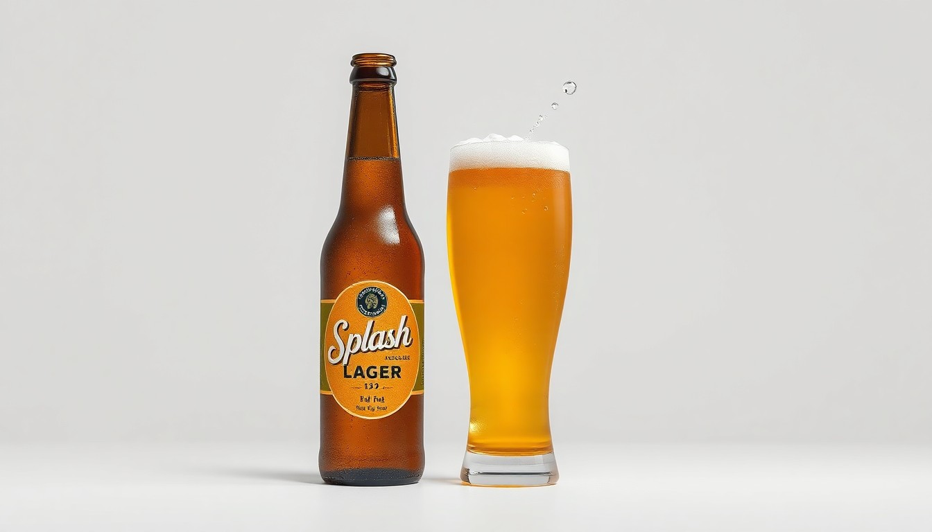 A photorealistic studio still life featuring a bottle and glass of the 'Splash Lager' beer, with dramatic lighting and shadows to convey the premium, refreshing qualities of the custom brew.