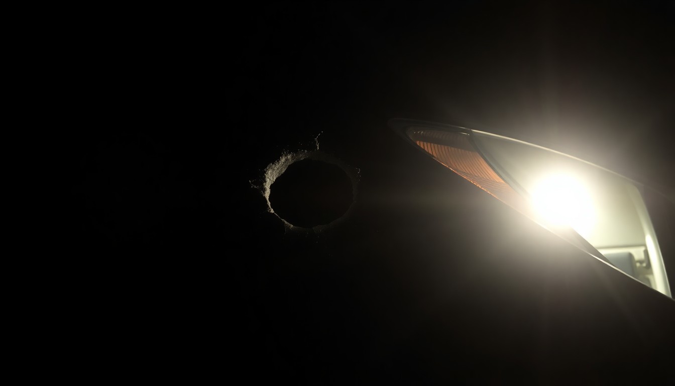 An extreme close-up of a bullet hole in the side of a small black SUV, highlighting the stark, gritty aftermath of a confrontation between law enforcement and a suspected criminal.