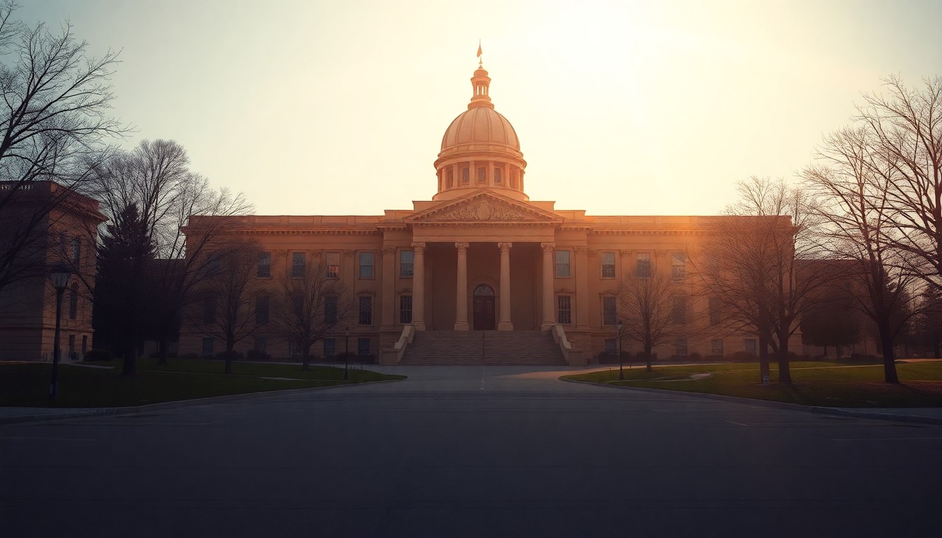 A photorealistic painting of an Iowa state capitol building in warm, golden light, with deep shadows and a sense of quiet dignity, conveying the civic pride and history of the structure.