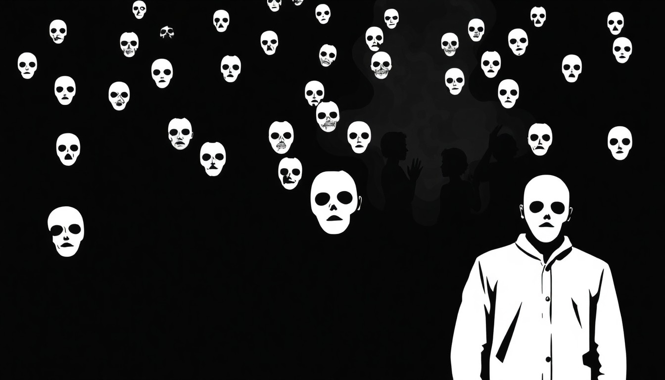 A striking, minimalist illustration featuring a large crowd of black silhouettes in the signature Michael Myers costume, conveying the energy and scale of the record-breaking cosplay event.