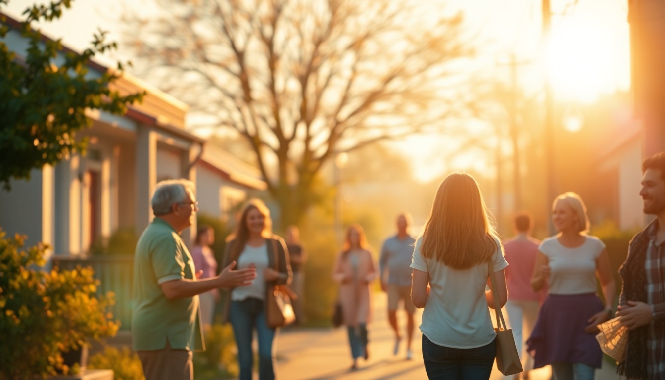An extremely abstracted, out-of-focus photograph of a friendly interaction between neighbors on a residential street, composed entirely of soft, warm pools of color and light.