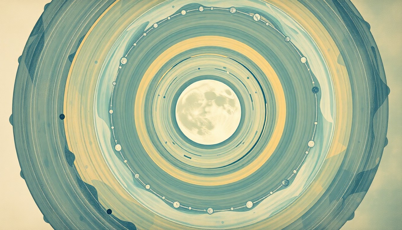 A bold, abstract painting in soft blue, green, and ochre tones depicting the Artemis II spacecraft's journey around the moon, with sweeping geometric arcs, concentric circles, and precise spirals representing the structural order of the universe.