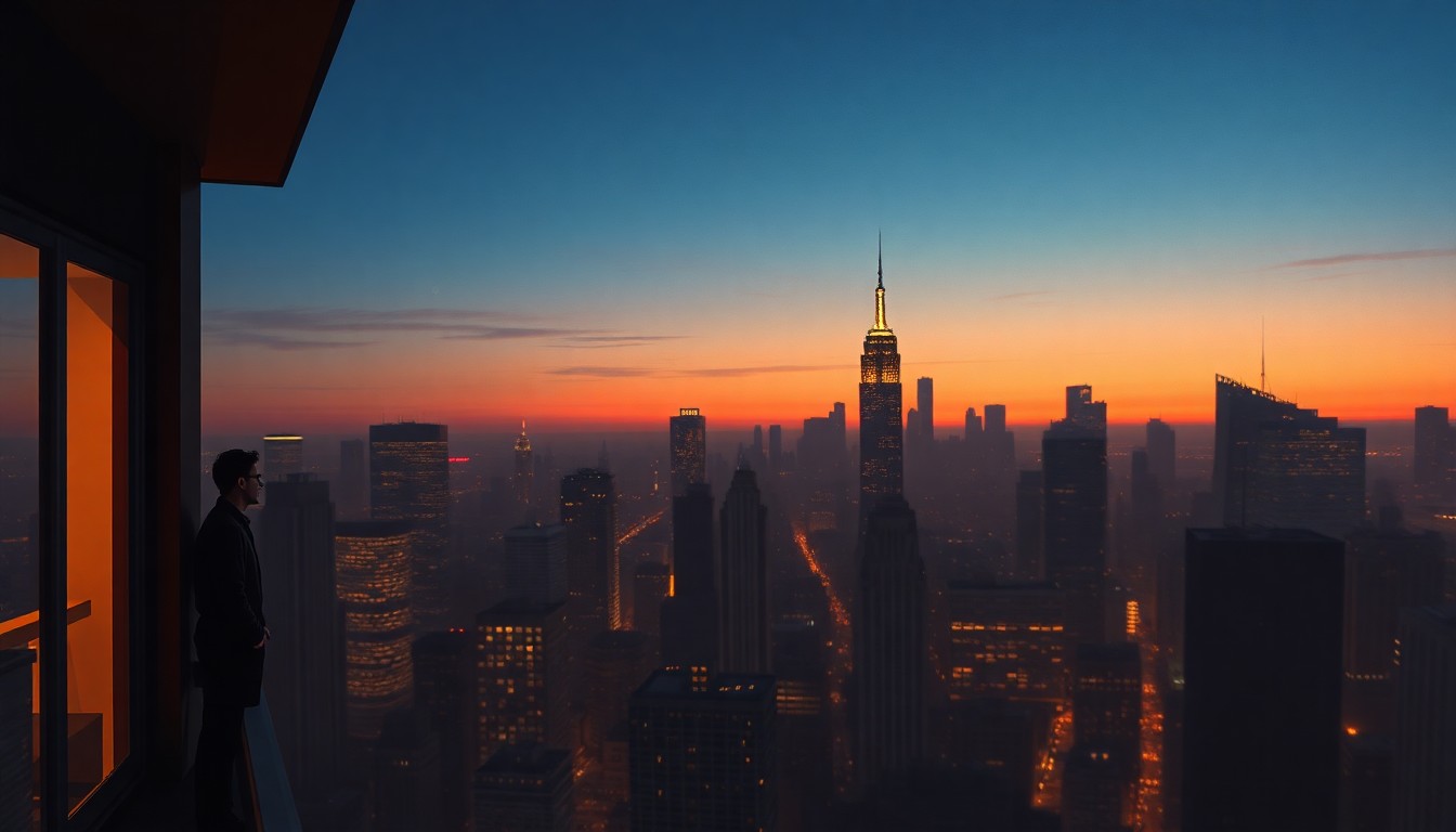 A serene, cinematic painting of the New York City skyline at dusk, with a lone figure standing on a balcony overlooking the city lights. The scene is bathed in warm, diagonal sunlight and deep shadows, capturing a contemplative mood about the new mayor's tenure.