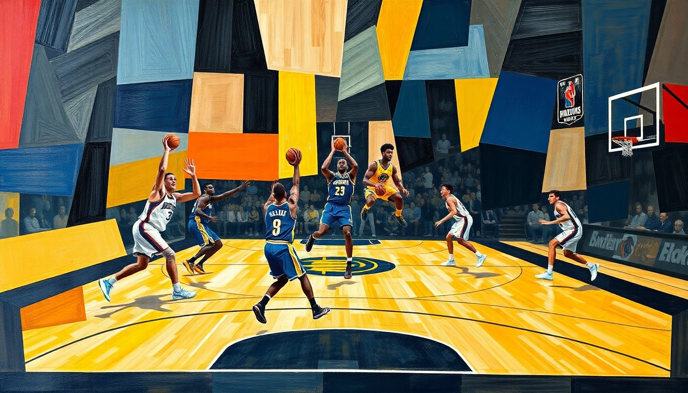 A fractured, cubist-style painting depicting the dynamic movements and lines of a basketball game, with the players' forms broken down into sharp, overlapping geometric shapes and planes.