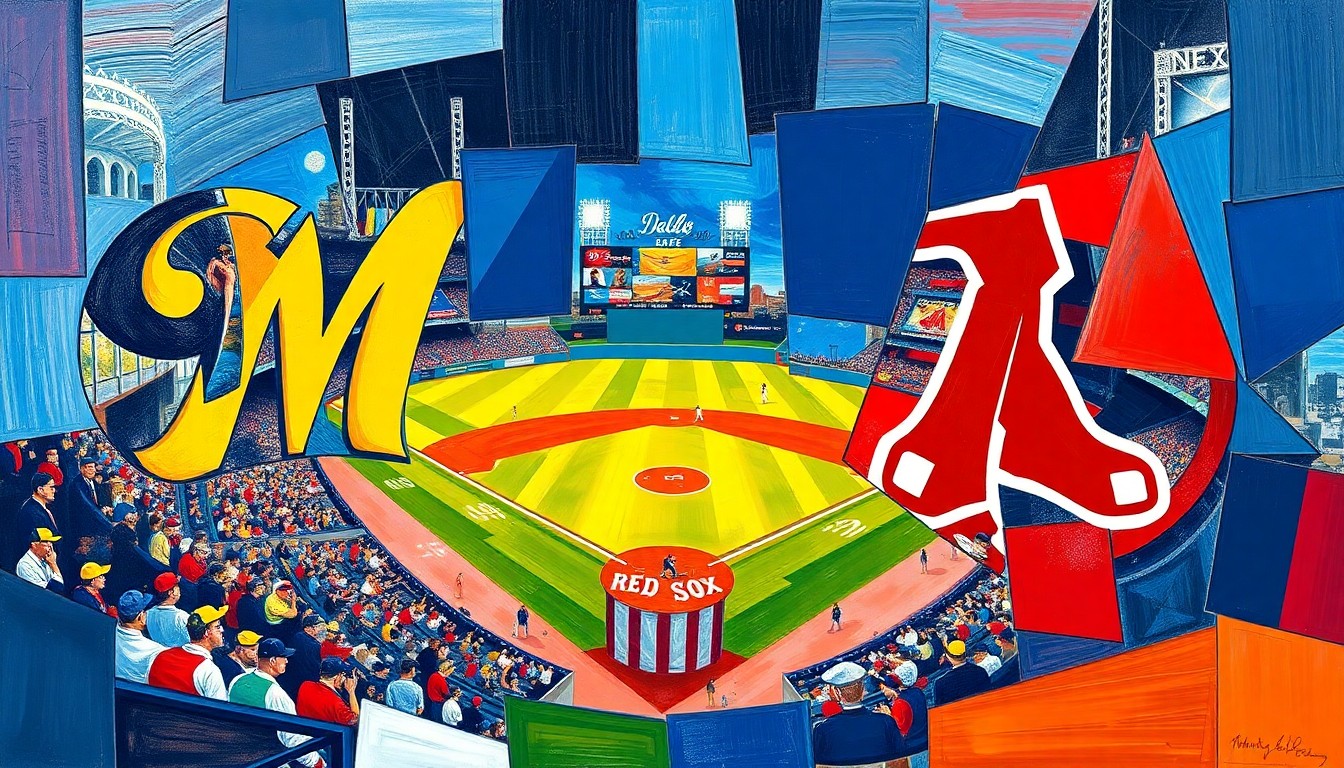 A cubist, geometric painting depicting a baseball game between the Milwaukee Brewers and Boston Red Sox, with sharp, overlapping planes of color representing the action on the field.
