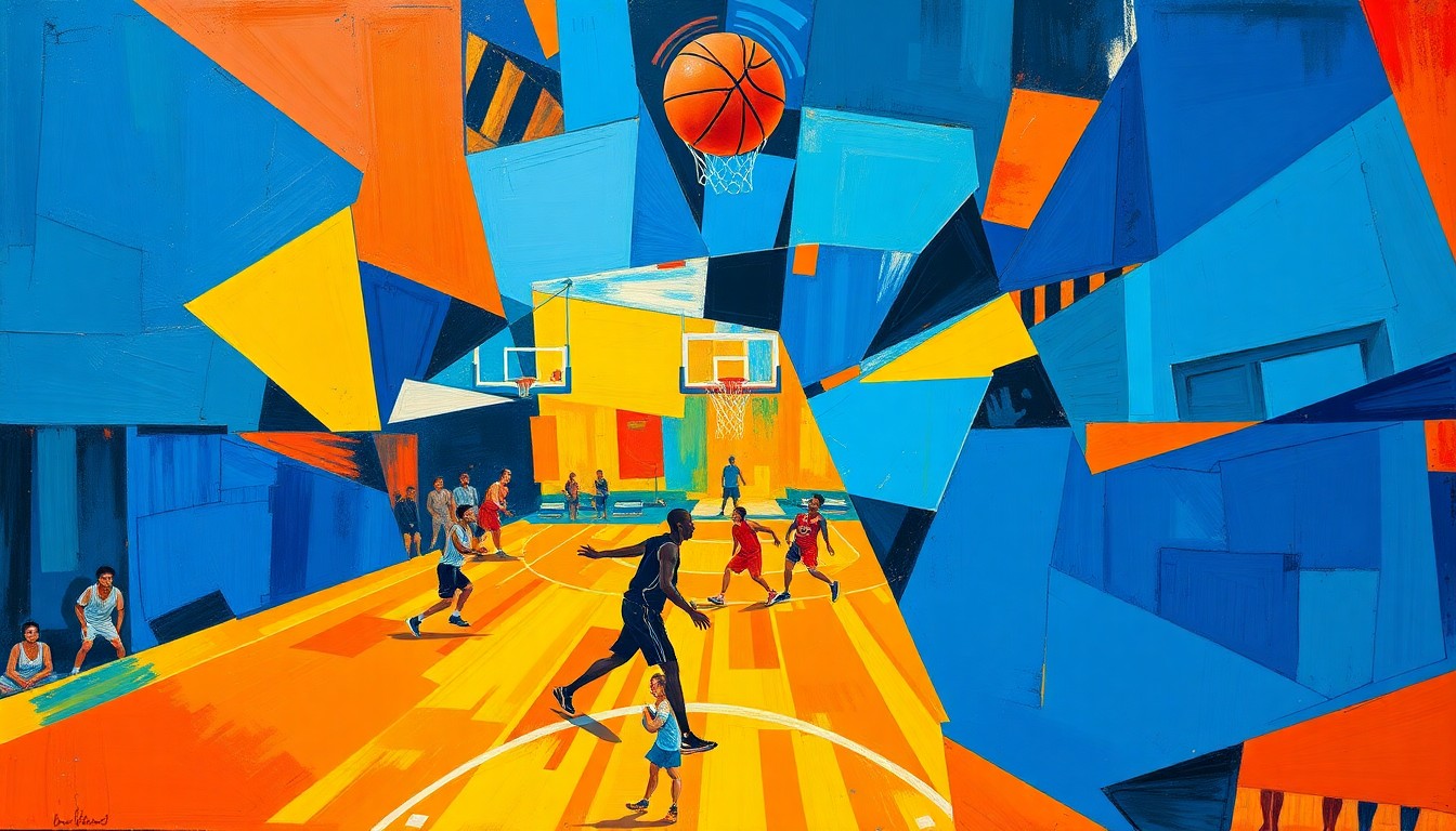 A fractured, cubist-style painting depicting the chaotic energy of a basketball game, with players and the court broken down into sharp, overlapping geometric shapes in a vibrant color palette.