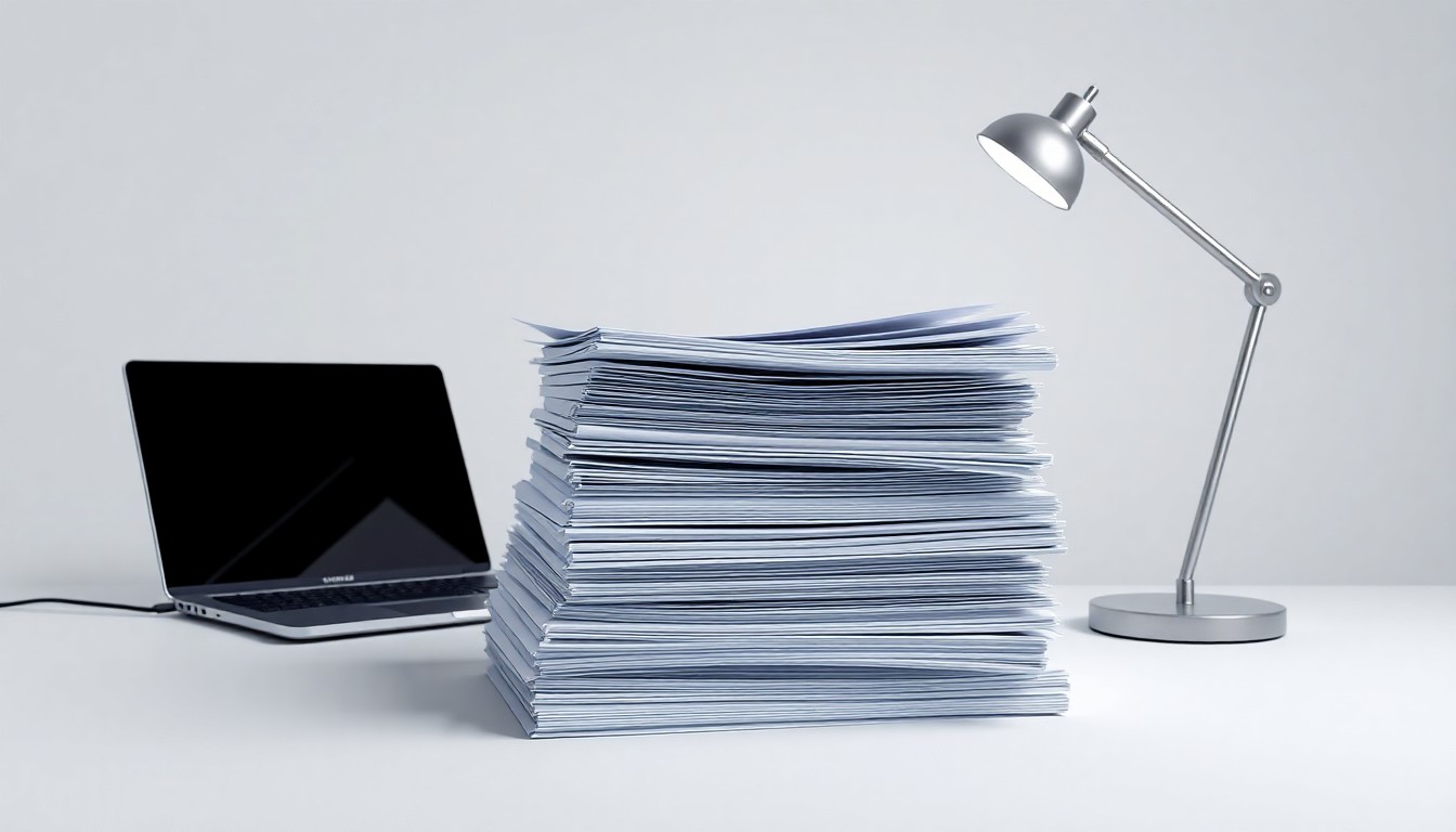A minimalist studio still life featuring a stack of neatly organized business documents, a sleek laptop, and a modern desk lamp, conceptually representing the strategic and analytical nature of corporate communications.