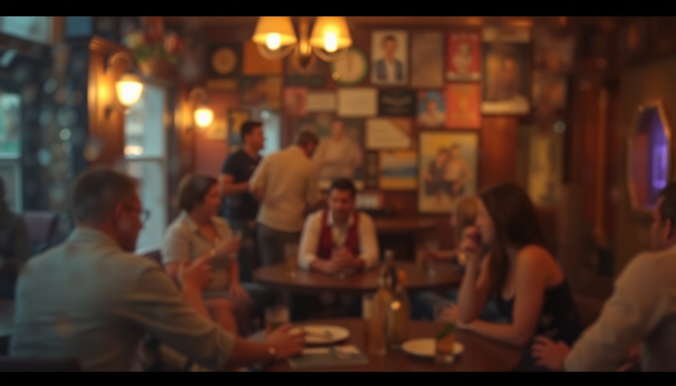 An abstract, impressionistic scene of people gathered in a cozy pub setting, with blurred figures and muted colors creating a sense of warmth and conviviality.