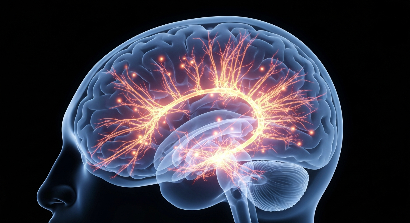 A translucent, ghostly X-ray image of a human brain, with glowing neural structures and pathways, conceptually representing the complex neurological mechanisms that Amylyx's therapies aim to address.