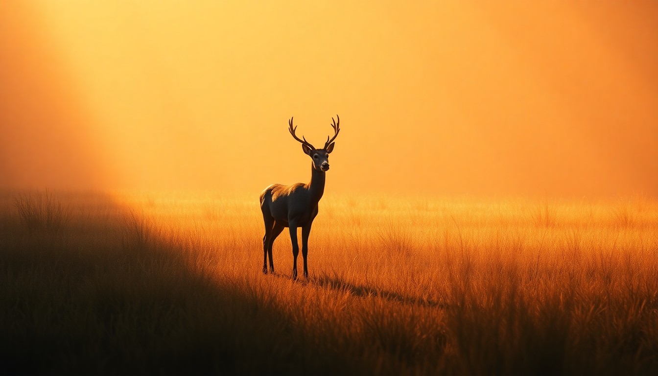 A serene oil painting depicting a single deer standing in a grassy field, the animal's form partially obscured by warm, golden sunlight and deep shadows, conveying a sense of quiet contemplation about the relationship between nature and human interests.