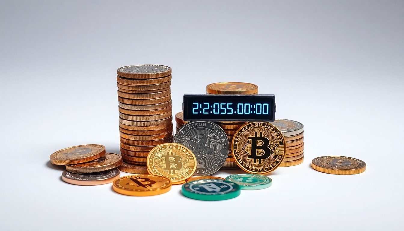 A photorealistic studio still life featuring a stack of metal coins, colorful cryptocurrency tokens, and a digital display showing transaction data, all arranged elegantly on a clean, white background to symbolize the abstract concept of cryptocurrency-powered charitable impact.