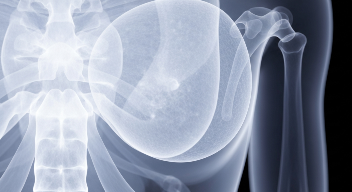 An extreme close-up X-ray photograph revealing the intricate internal structure of the human décolleté area, with glowing, ghostly lines defining the skin, muscles, and underlying anatomy.