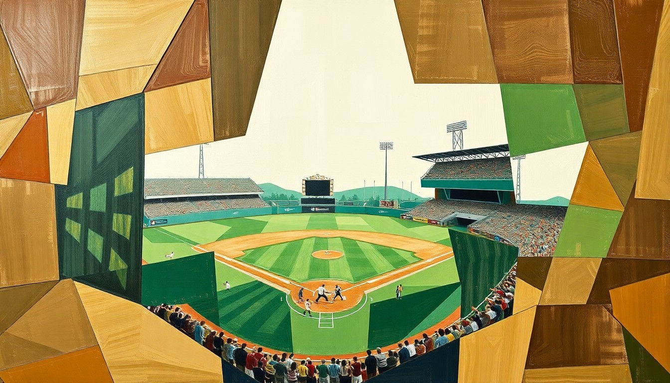 A fragmented, geometric painting depicting the dynamic movements and competing perspectives of a high school baseball game, rendered in earthy tones.