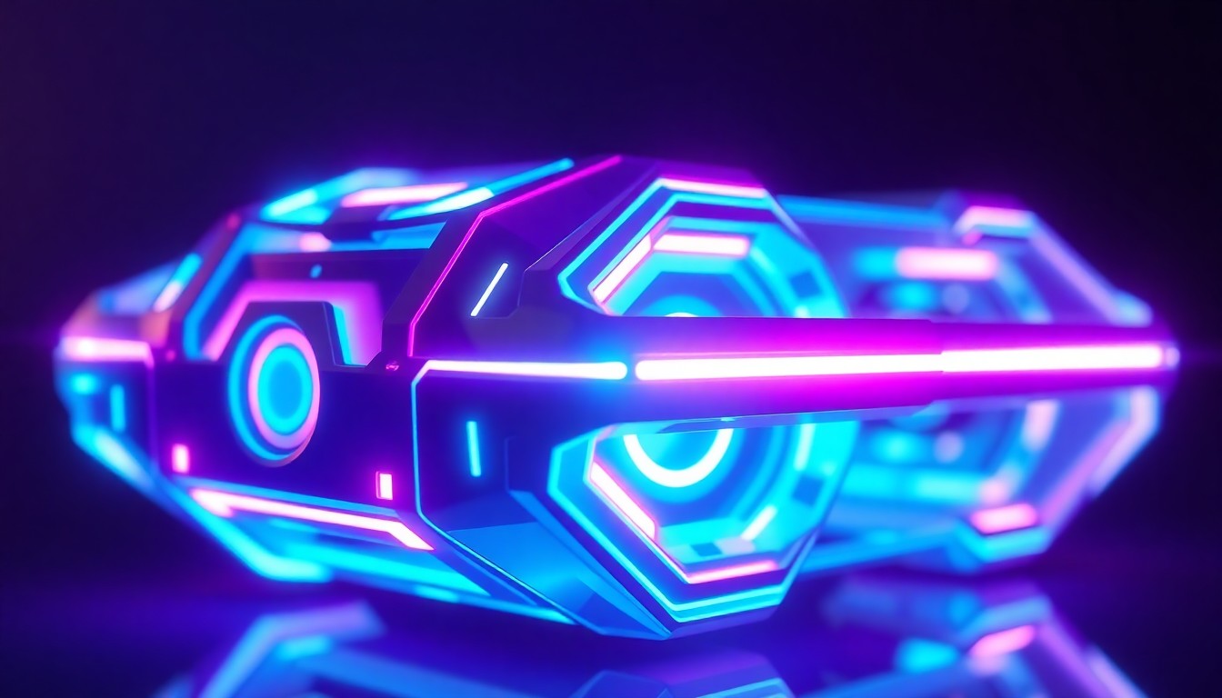 A highly detailed, 3D illustration of a glowing, futuristic medical device or rehabilitation technology, with neon lights pulsing through its sleek, geometric chassis, conceptually representing the advanced AI capabilities powering SPRY's new scribe agent.
