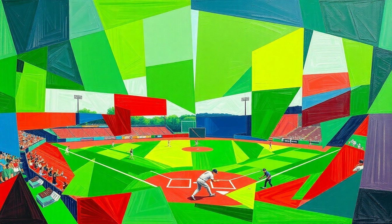 A fragmented, geometric painting depicting a high school softball game, with sharp planes of color representing the dynamic action on the field.