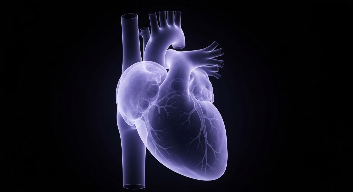 A translucent X-ray image of a human heart, with the chambers and valves glowing faintly in shades of blue and purple, suggesting the effects of cardiogenic shock.