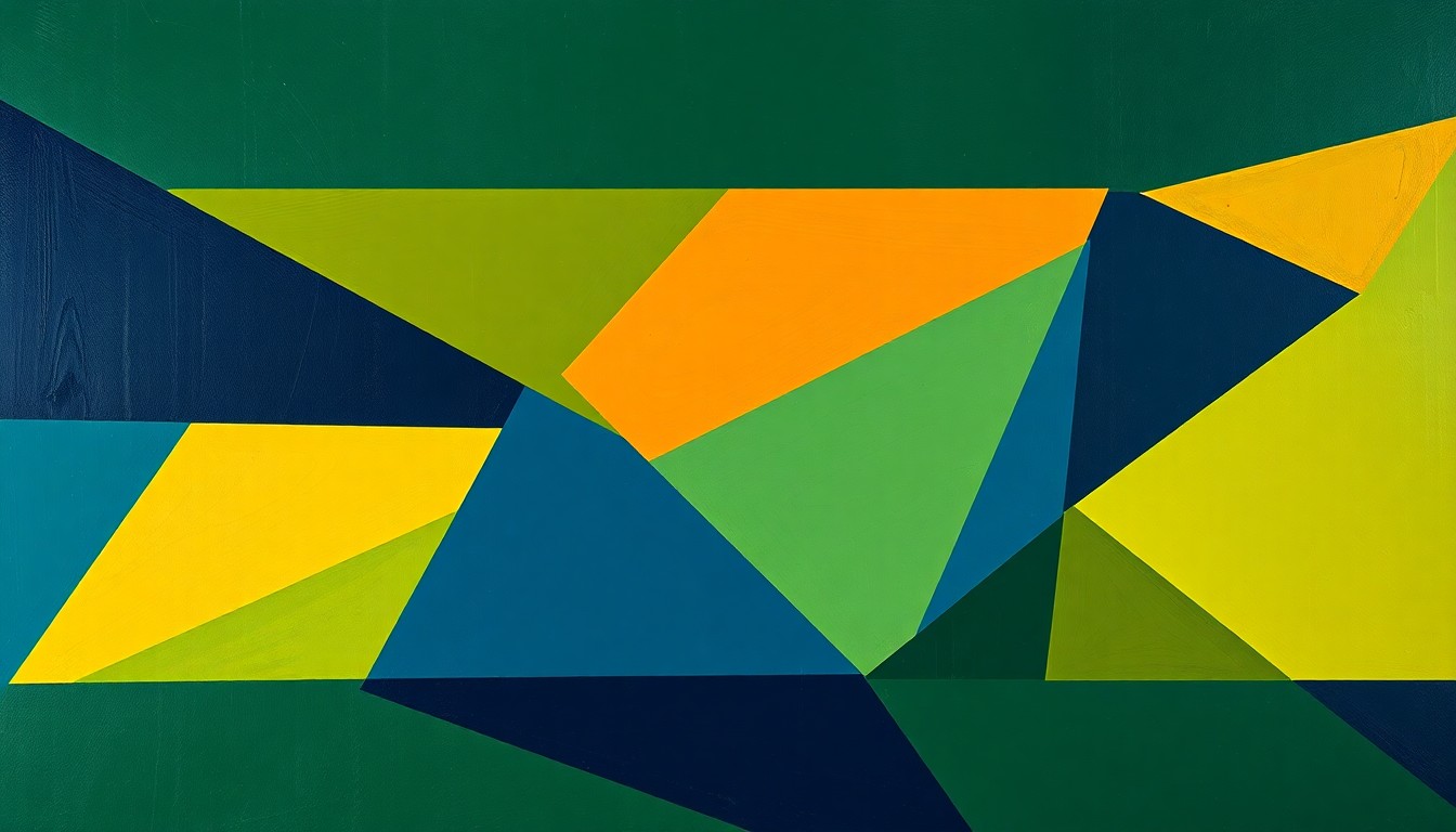 A cubist, geometric painting depicting the action and movement of a softball game, with sharp, overlapping planes of color representing the players and field.