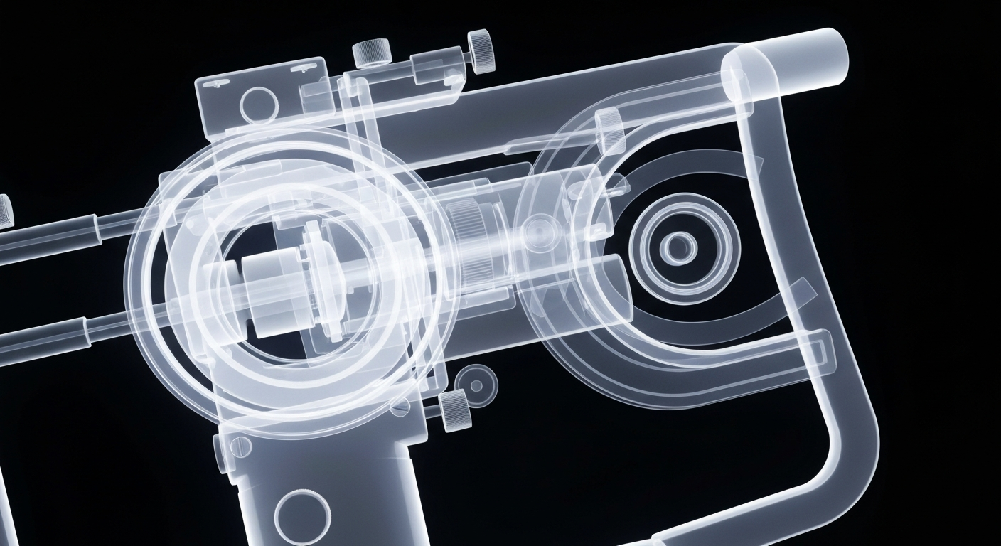 An extreme close-up X-ray photograph revealing the complex internal components of an ophthalmology instrument, conceptually illustrating the advanced technology powering modern eye care software.