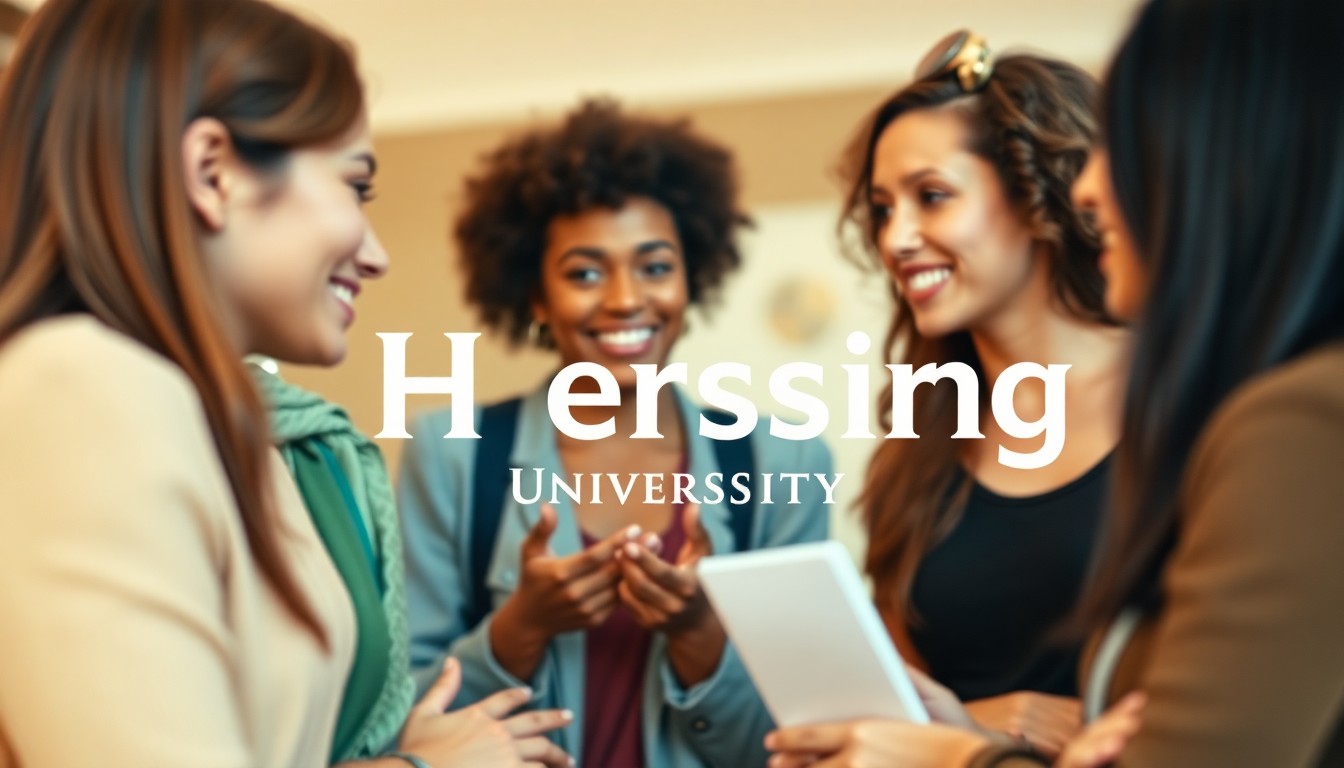 A blurred, dreamlike photograph showing a group of women in casual conversation, with the Herzing University logo faintly visible in the background, conveying a sense of community and support.