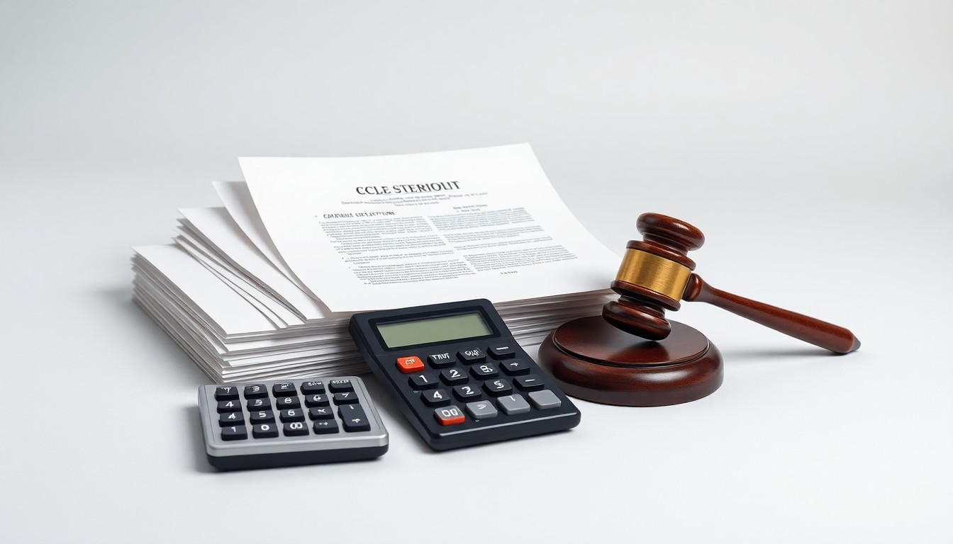 A photorealistic studio still life featuring a stack of legal documents, a calculator, and a gavel arranged on a clean, monochromatic background, symbolizing the abstract concepts of corporate strategy, finance, risk, and legal proceedings.