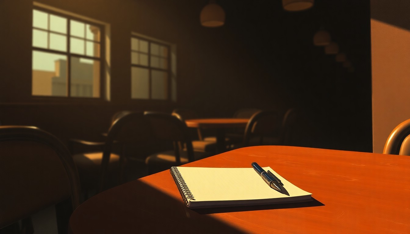 A moody, cinematic painting of a journalist's notebook and pen resting on a table in a dimly lit Baghdad cafe, the scene bathed in warm, diagonal sunlight and deep shadows, conveying a sense of solitude and uncertainty.