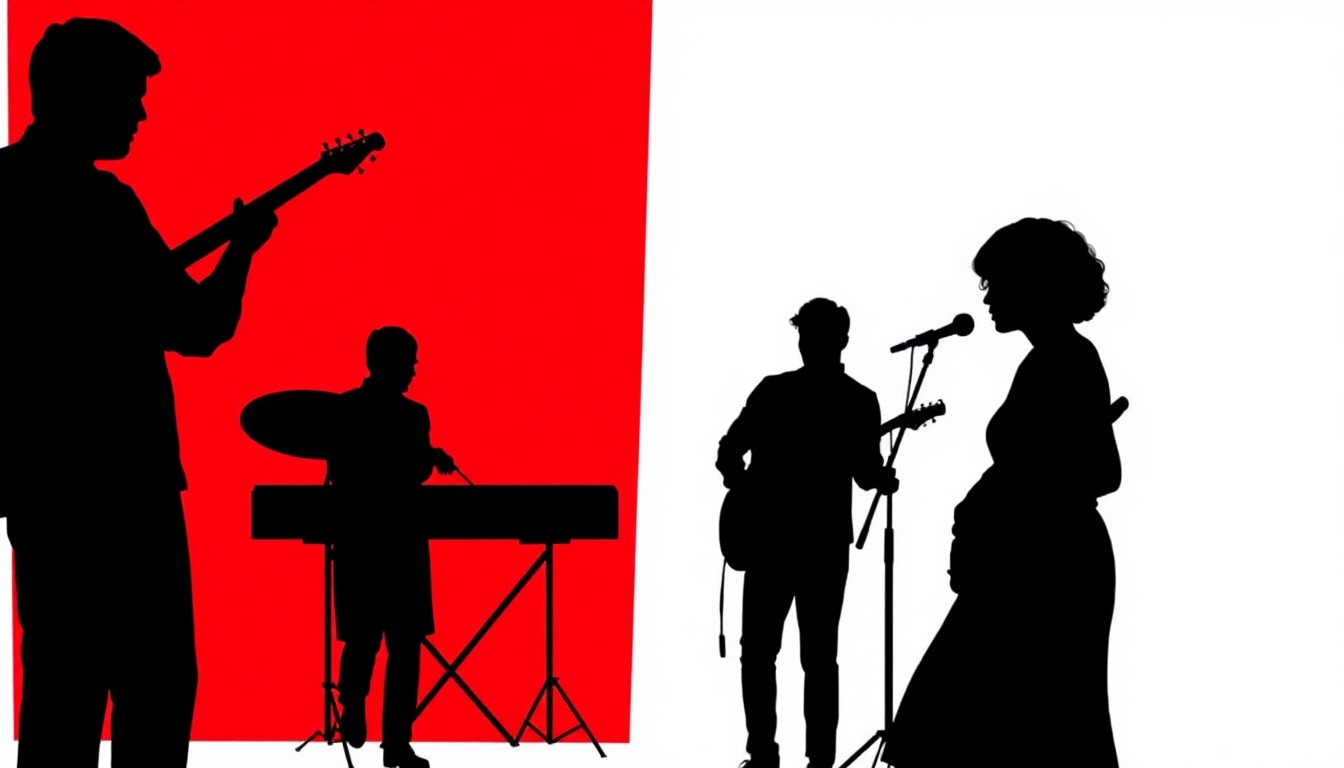 A striking abstract illustration featuring bold black silhouettes and vibrant red and white shapes, representing the diverse musical influences of the band Lake Street Dive.