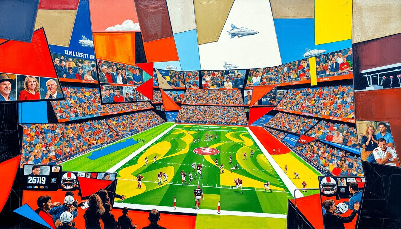 A fragmented, geometric painting in bold colors depicting an abstract football scene, representing the difficult choices the Chiefs face with their first-round selection.