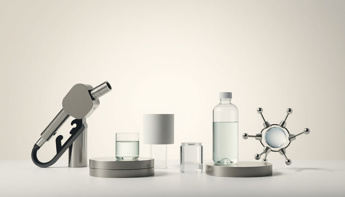 A photorealistic studio still-life featuring a collection of polished, geometric objects representing the ethanol industry, arranged elegantly on a clean, monochromatic background with dramatic lighting and shadows to convey the abstract concepts of energy, innovation, and sustainability.